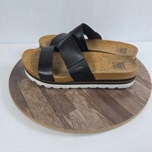 Reef Cushion Vista Hi Sandals Womens Size 9 Black Platform Cork Footbed Slide